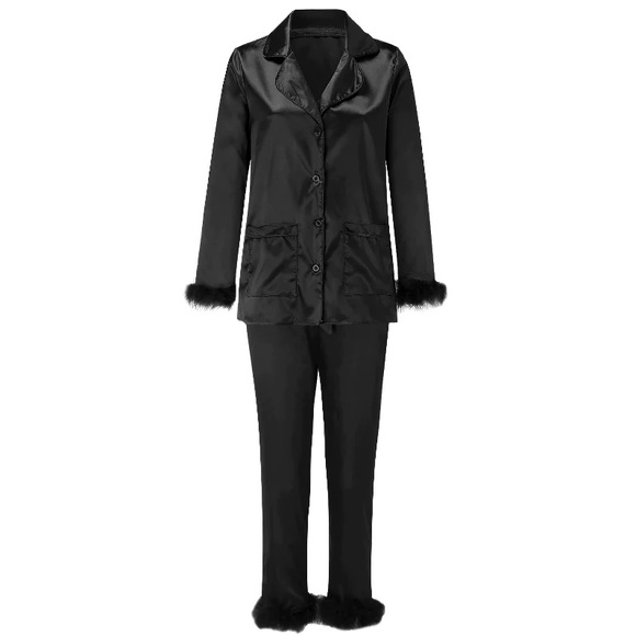 Other - Feather Trim Satin Button-Up Top and Bottoms Pajamas